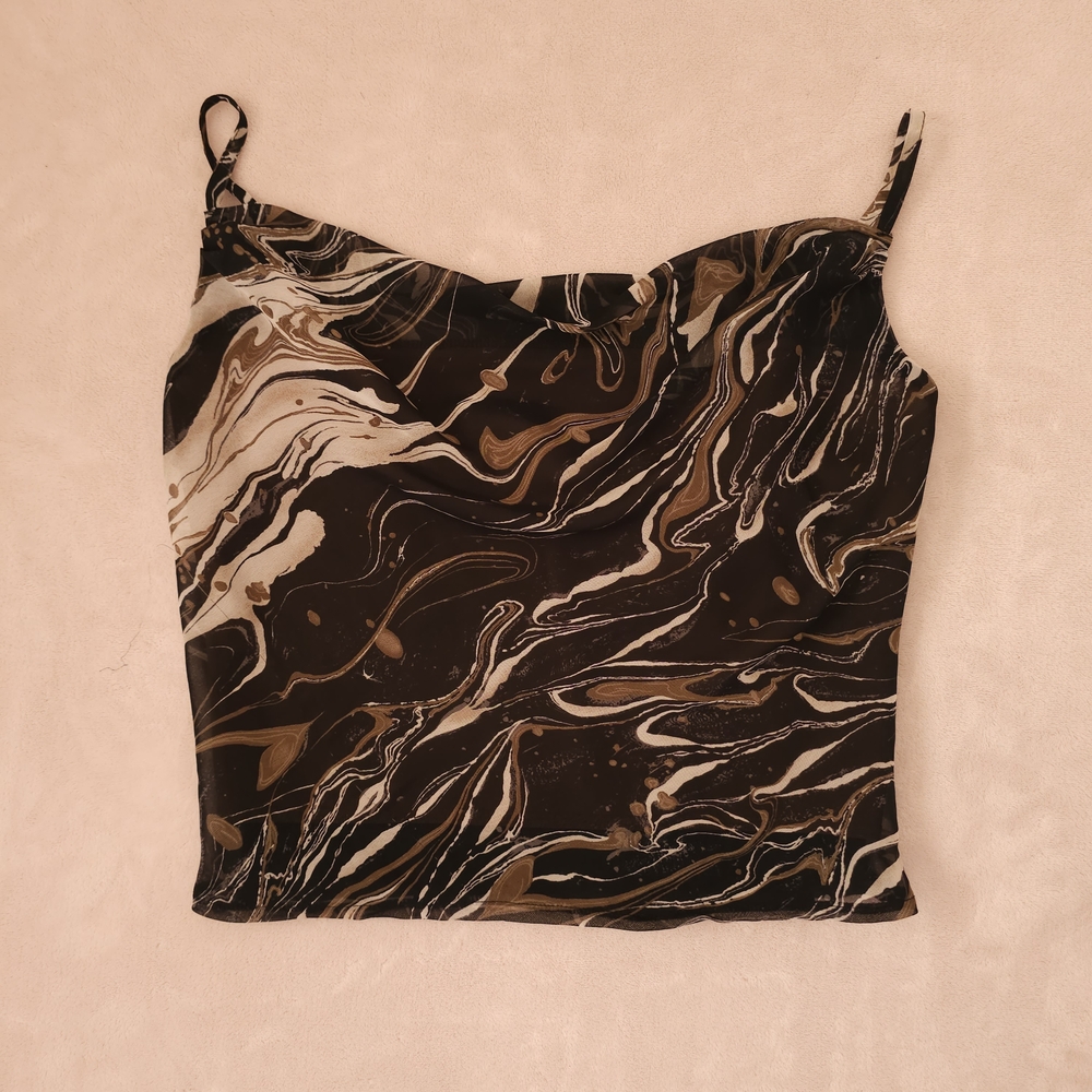 Dress Forum Black Brown Abstract Print Smocked Back Sleeveless Crop Top 
